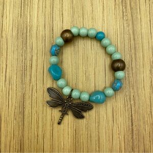 Glass Brass Dragonfly Stretch Bracelet Charm Acrylic 7 In Boho Blue Brown Gifts